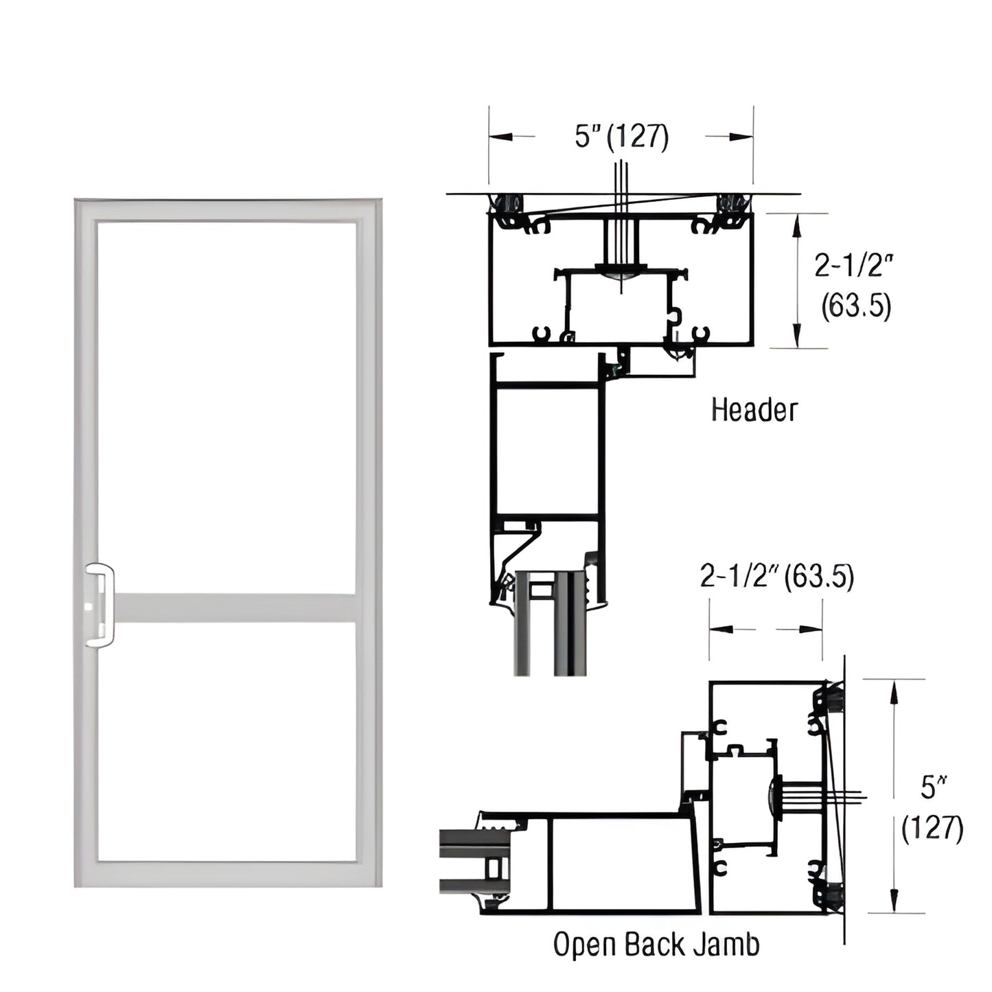 Clear anodized 2-1/2 x 5 in geared-hinged hurricane impact door frame SKU 0P71811 with technical drawings