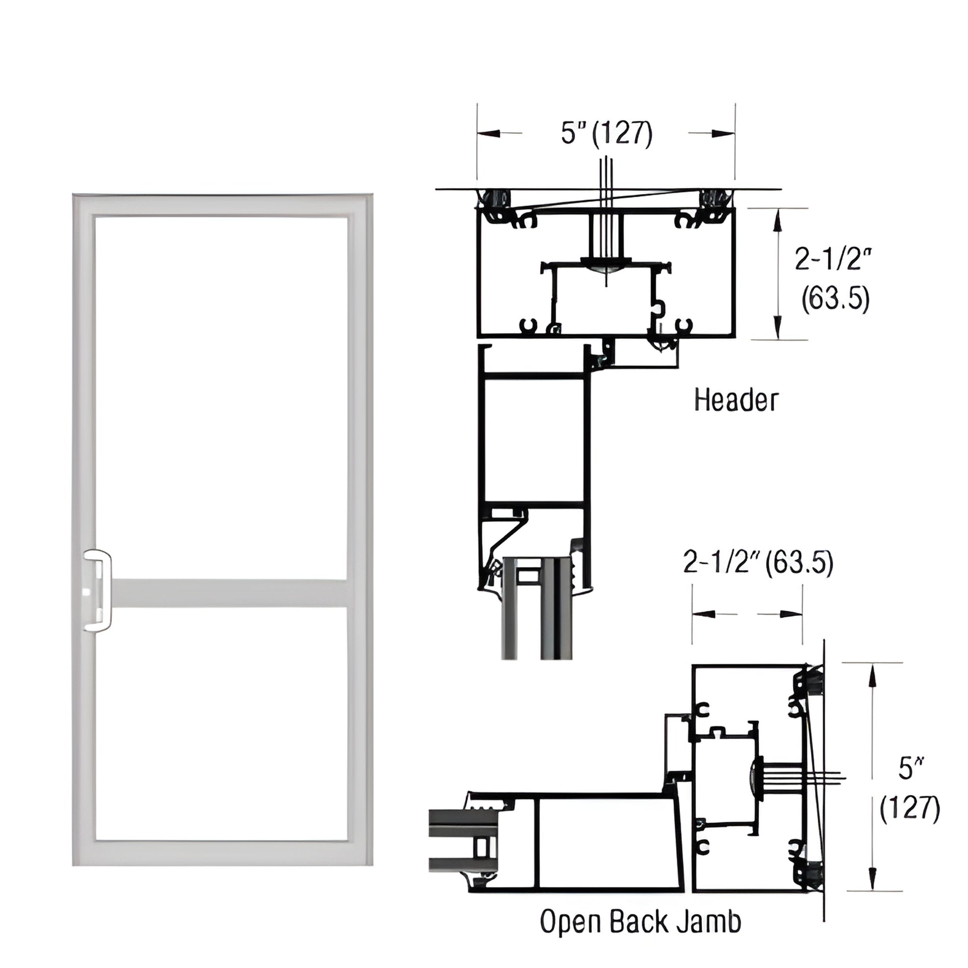Clear anodized 2-1/2 x 5 in geared-hinged hurricane impact door frame SKU 0P71811 with technical drawings