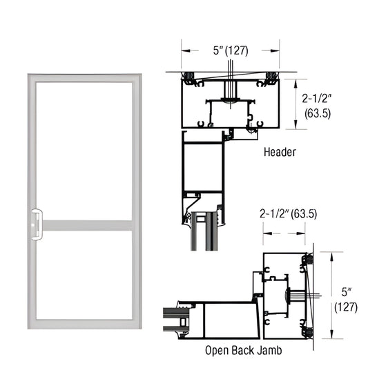 Clear anodized 2-1/2 x 5 in geared-hinged hurricane impact door frame SKU 0P71811 with technical drawings