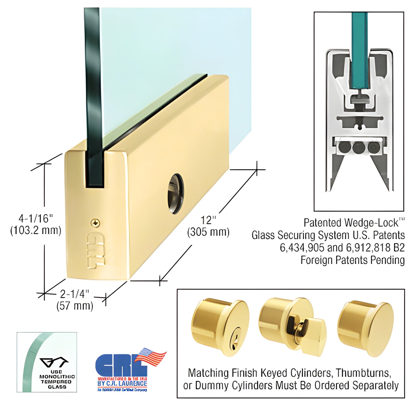 Polished brass 12" Wedge-Lock door rail, aluminum-clad with brass, square profile for 3/4" glass, includes lock.