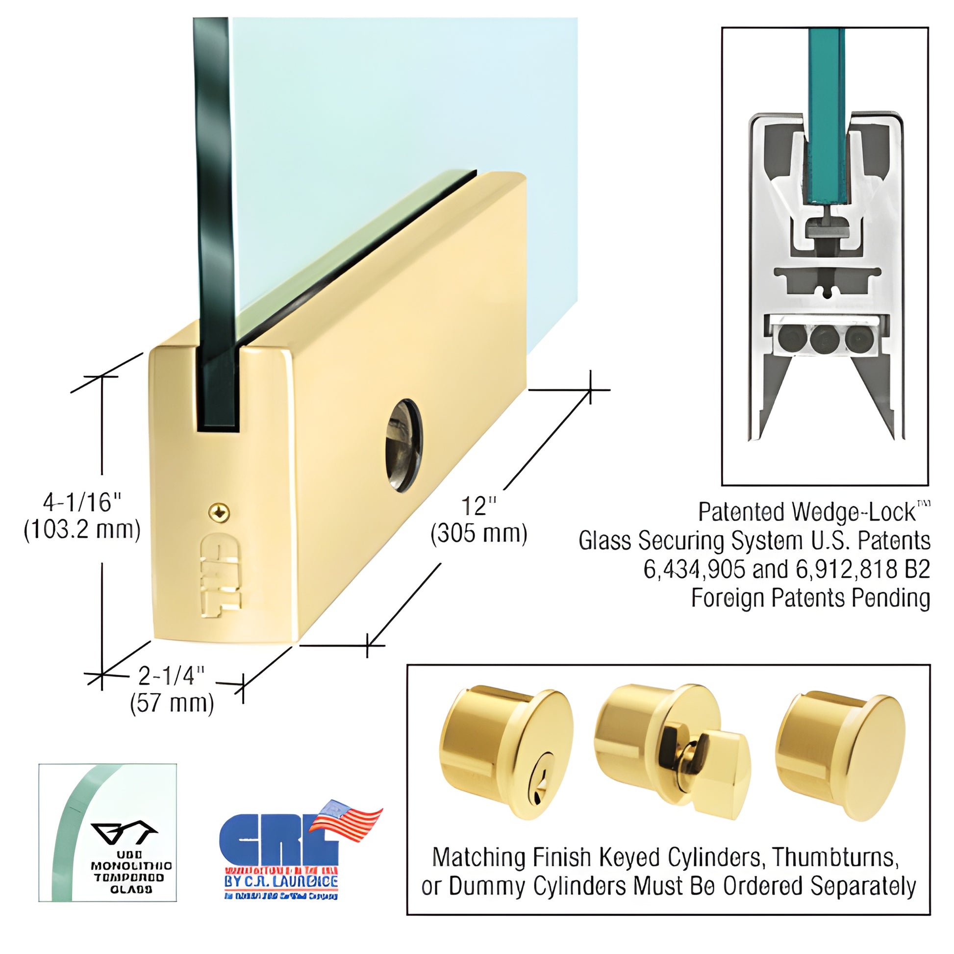 Polished brass 12" Wedge-Lock door rail, aluminum-clad with brass, square profile for 3/4" glass, includes lock.