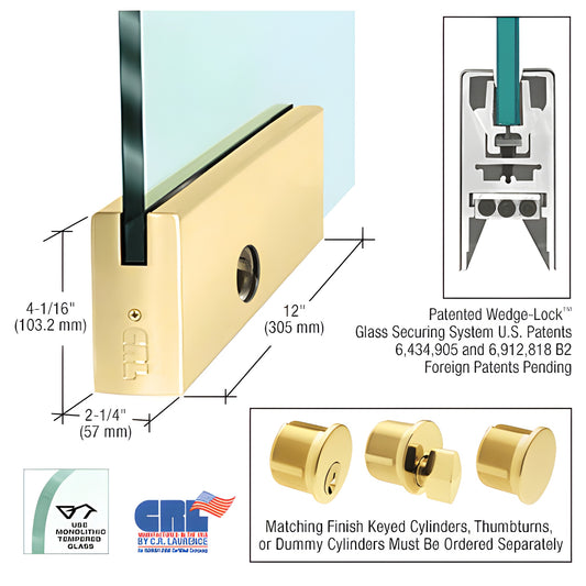 Polished brass 12" Wedge-Lock door rail, aluminum-clad with brass, square profile for 3/4" glass, includes lock.