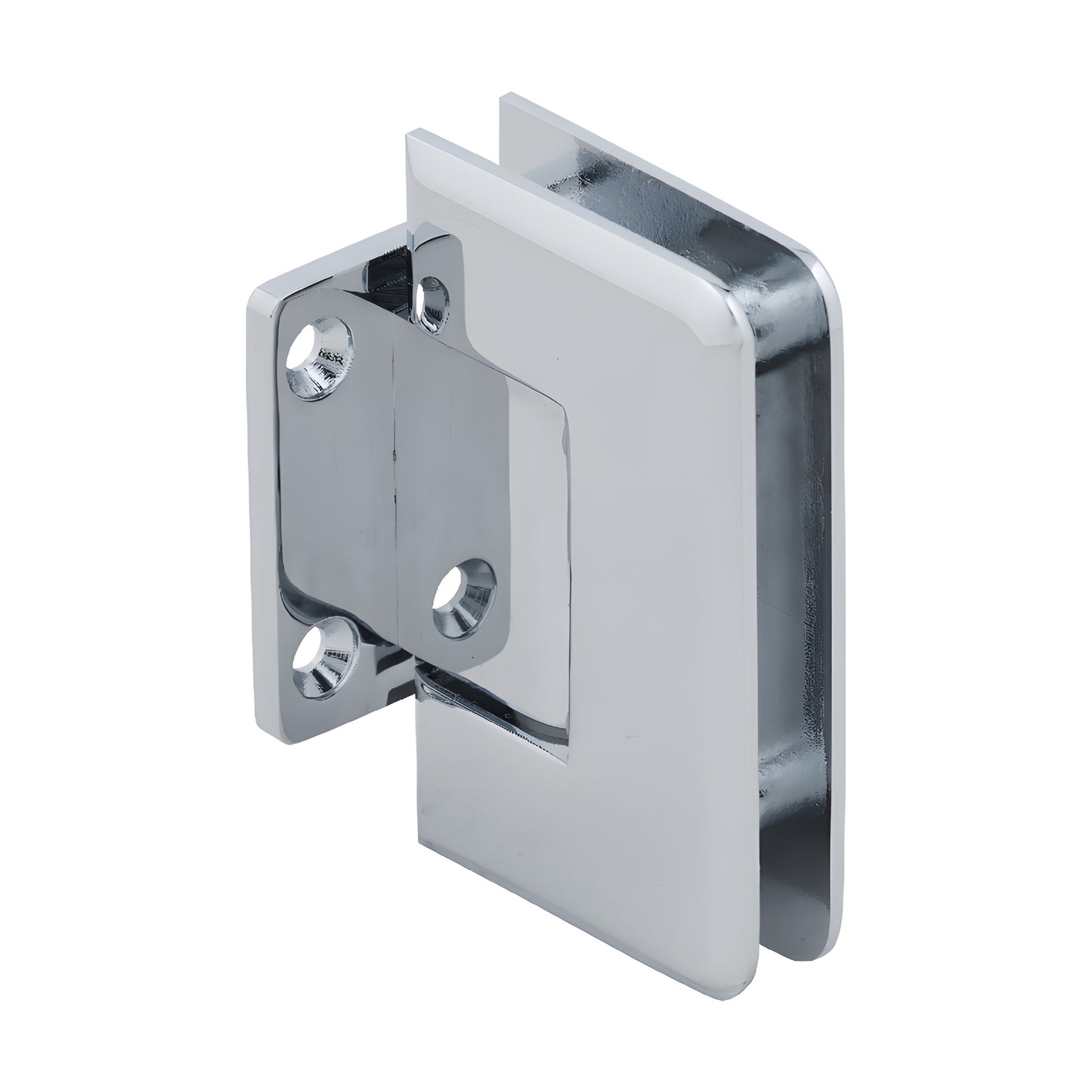 Pinnacle polished chrome shower door hinge (SKU P1N074CH), solid brass wall-mount, beveled edge, fits 8-12mm glass.