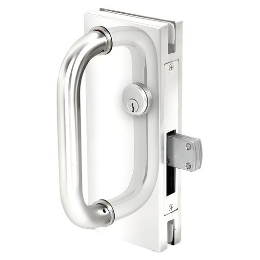 Polished stainless steel 4x10 center lock DT410PS with D-handle, keyed cylinder and long-throw deadbolt for 1/2" glass
