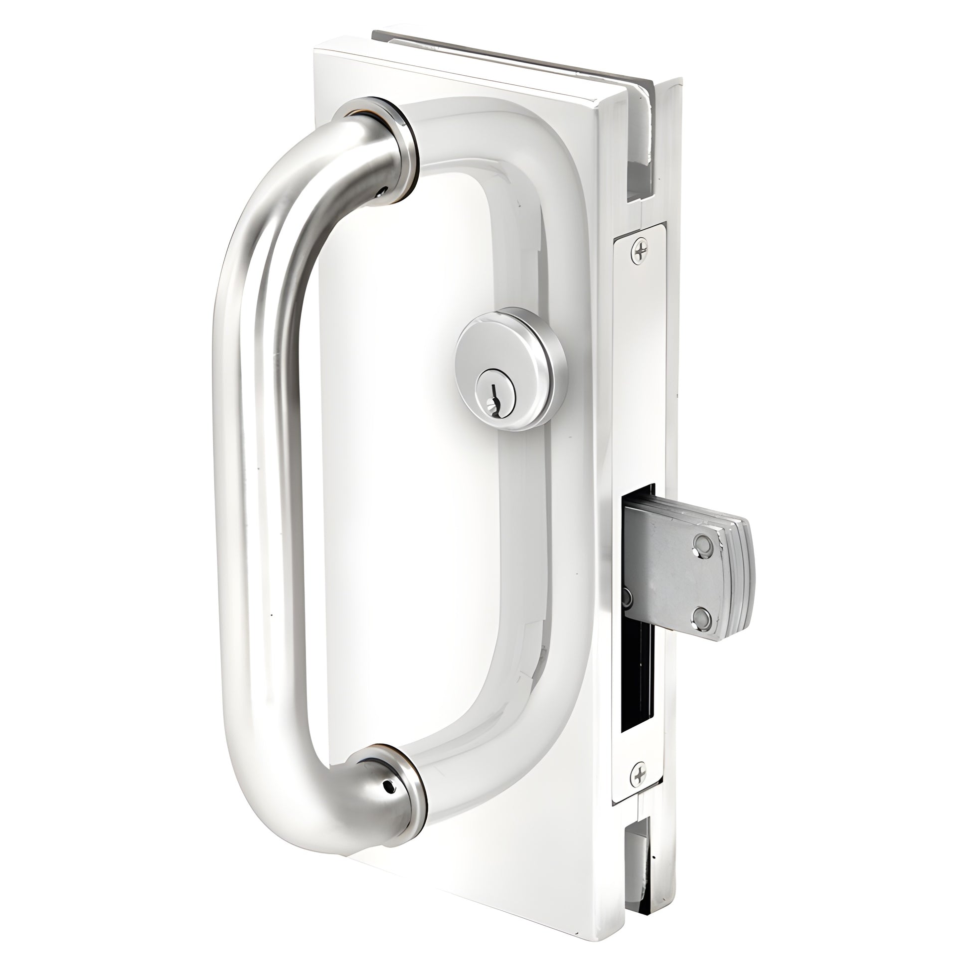 Polished stainless steel 4x10in glass door center lock with longthrow deadthrow latch and pull handle (SKU: DT410PSC)