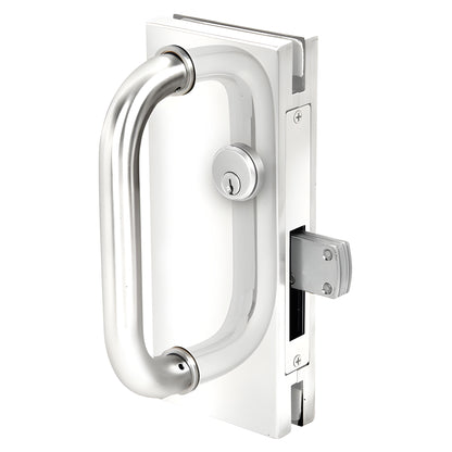 Polished stainless steel 4x10in glass door center lock with longthrow deadthrow latch and pull handle (SKU: DT410PSC)