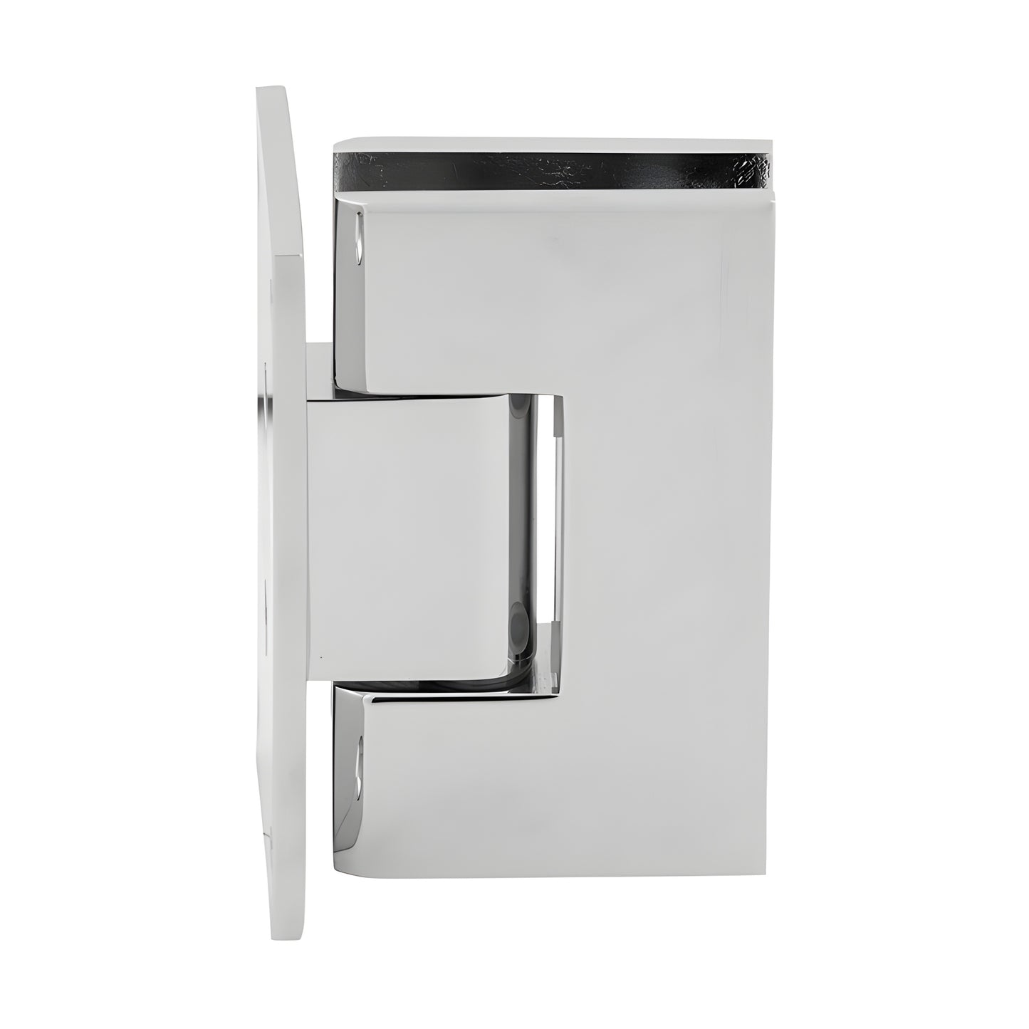 V1E037 polished chrome brass Vienna shower hinge, full back plate, squared design for 3/8-1/2 (10-12mm) glass