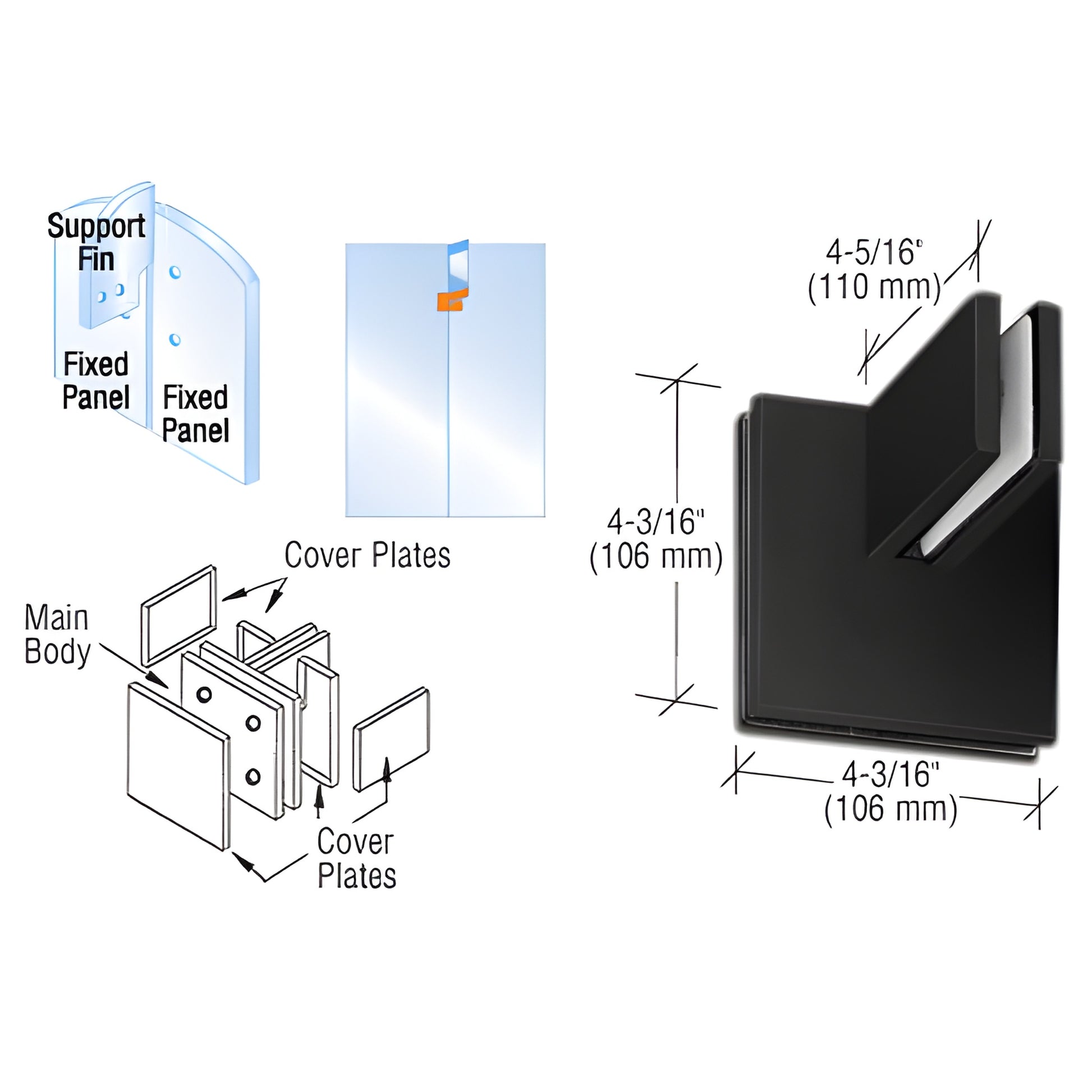 PH81MBL matte black patch connector with support fin for joining two 3/8 or 1/2 tempered glass panels