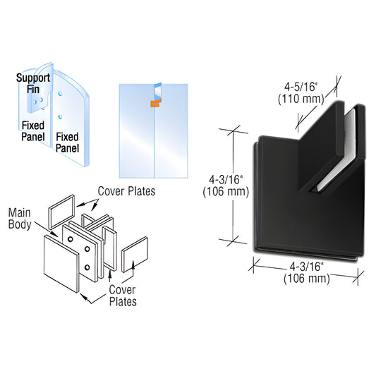 PH81MBL matte black patch connector with support fin for joining two 3/8 or 1/2 tempered glass panels