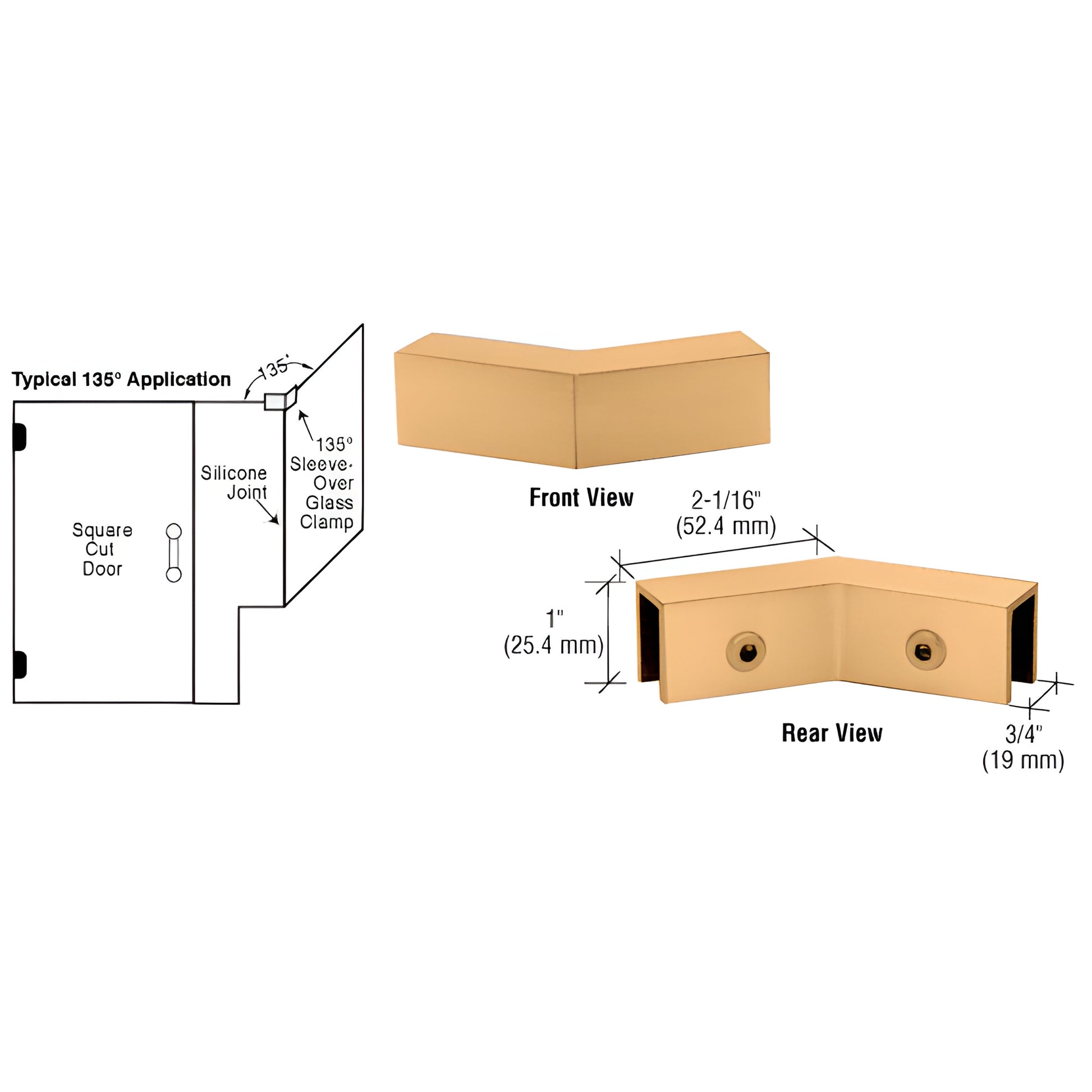 Satin brass 135 sleeve-over glass clamp, solid brass, fits 8-12mm (5/16-1/2") frameless panels