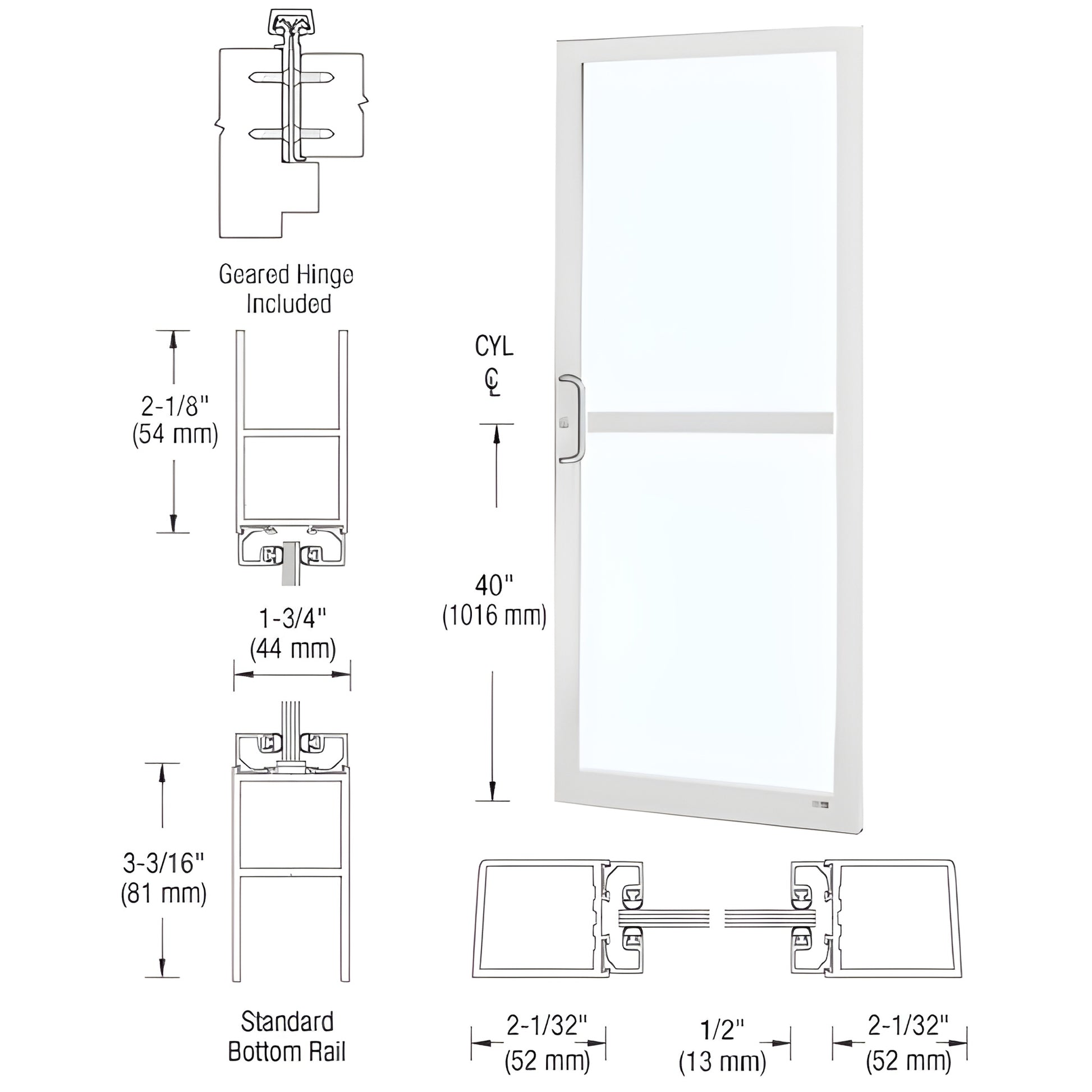 SKU DZ21852 - white narrow-stile commercial entrance door with tempered glass, slim rails, ADA bottom rail option