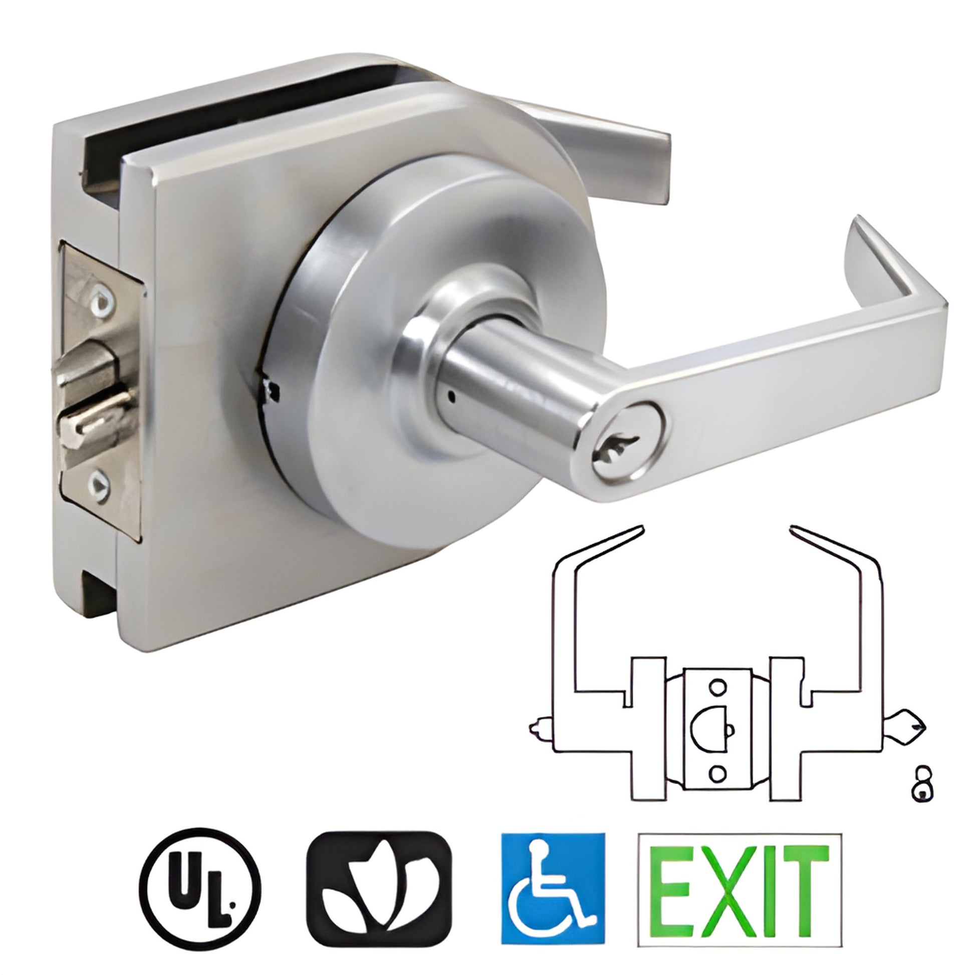 LH50BS brushed stainless steel round lever lock housing for 3/8"-1/2" tempered glass doors, non-handed