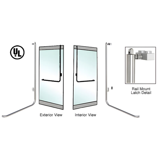 Polished stainless steel PA100 panic rail-mount handle for 1/2-3/4 tempered glass doors, ADA-compliant, exterior keyed optio