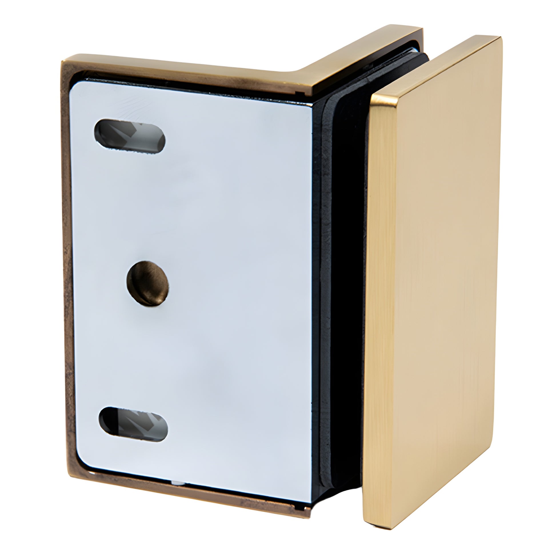 Satin brass COMO wall-mount glass bracket for 8-10mm glass, solid brass, SKU C0M90SSB