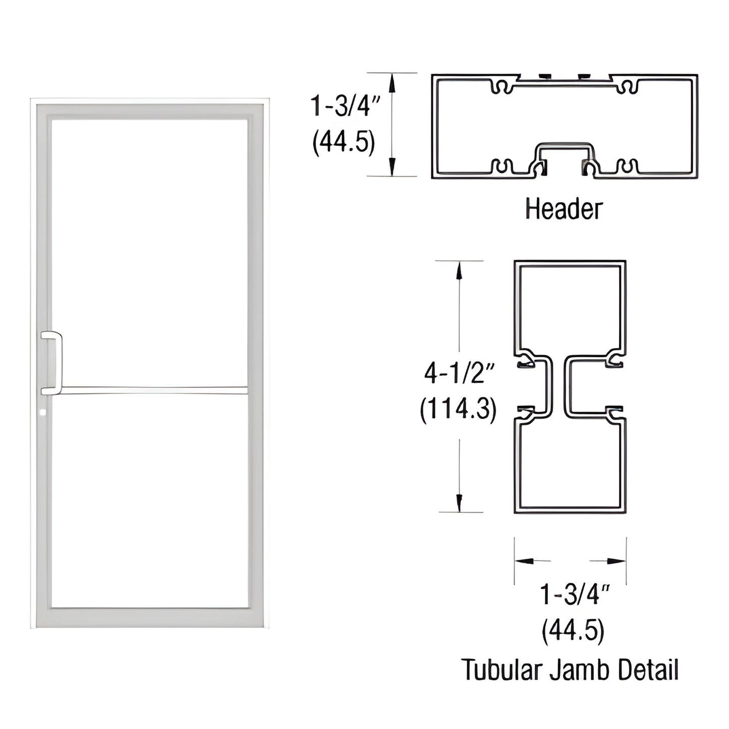 FR41852 white Kynar 36x84 gear-hinge door frame with aluminum threshold and tubular jamb diagram