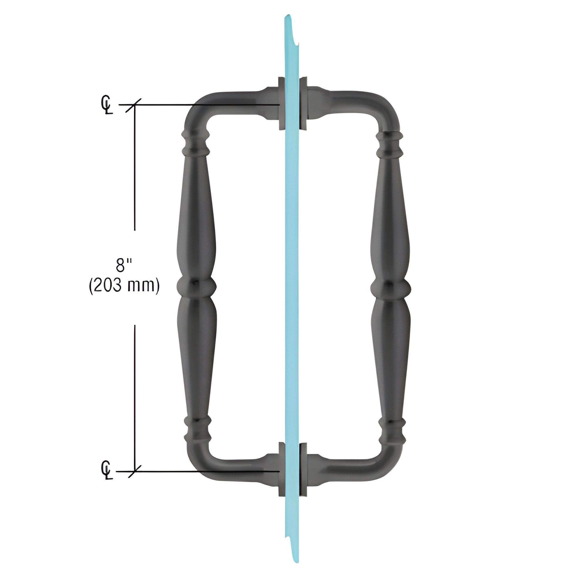 Matte black Victorian solid brass back-to-back glass door pull, 8" c-c, fits 1/4"-1/2" (6-12mm) glass.