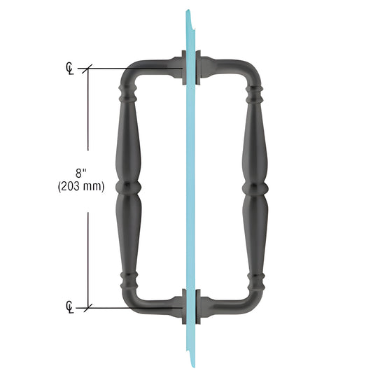 Matte black Victorian solid brass back-to-back glass door pull, 8" c-c, fits 1/4"-1/2" (6-12mm) glass.