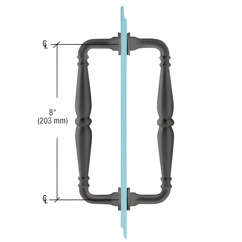 Matte black Victorian solid brass back-to-back glass door pull, 8" c-c, fits 1/4"-1/2" (6-12mm) glass.