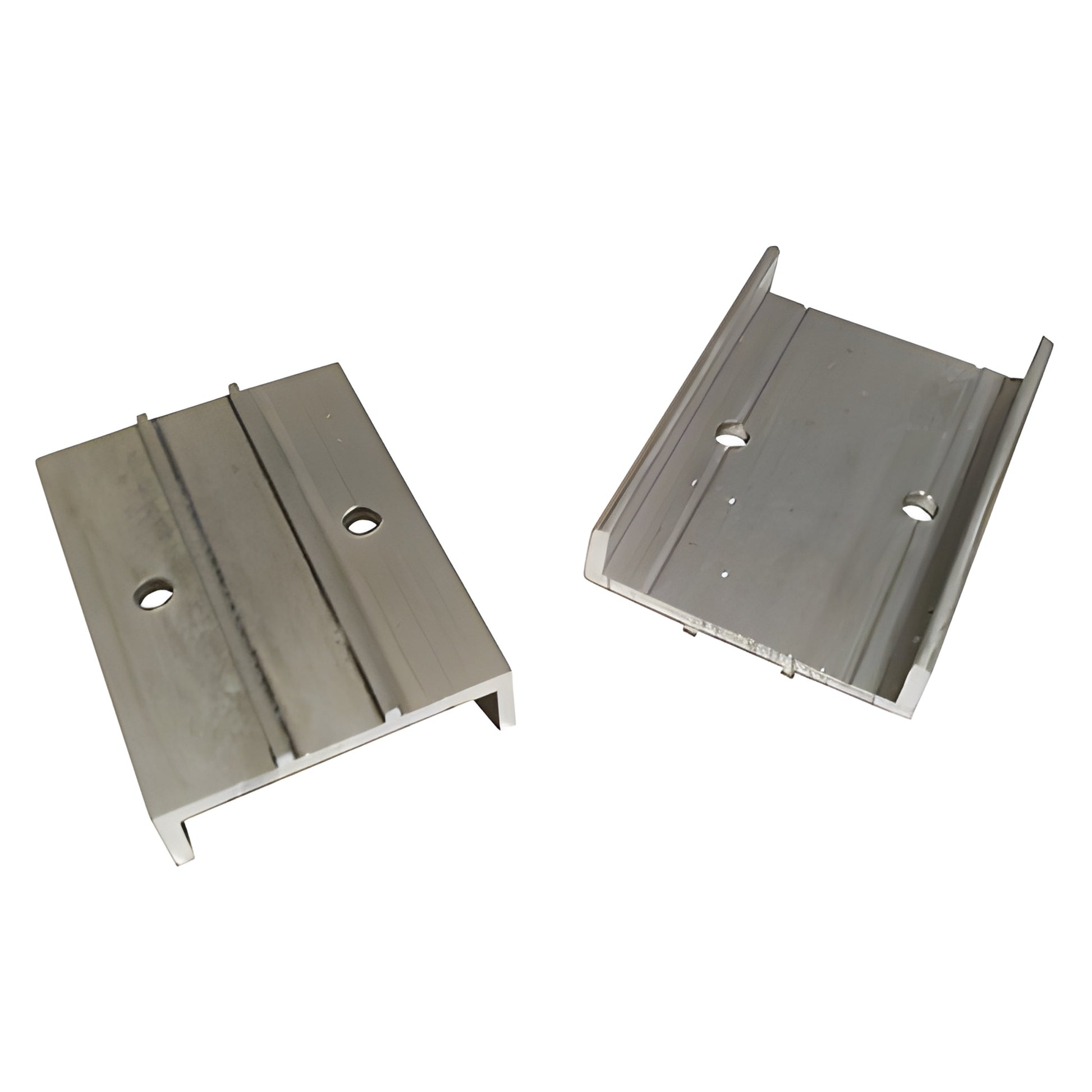 Aluminum base shoe, mill finish, for fixed sliding door panel, two pieces shown. SKU CS227