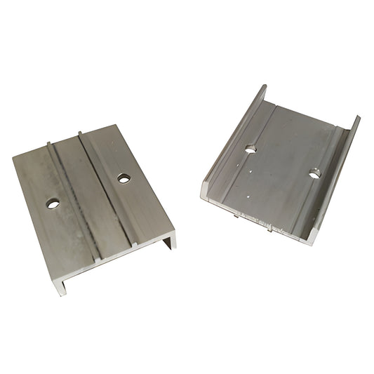 Aluminum base shoe, mill finish, for fixed sliding door panel, two pieces shown. SKU CS227