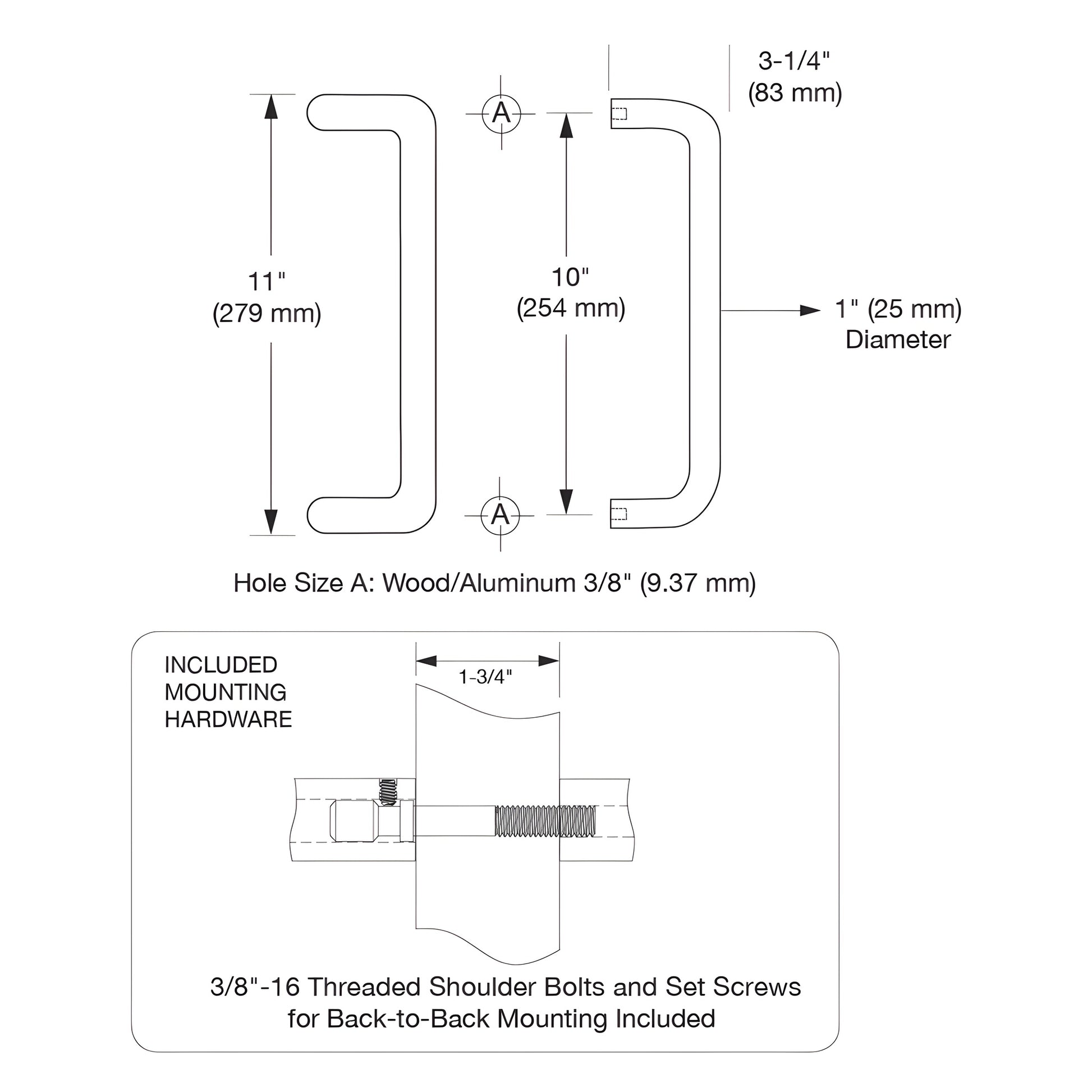 Dark bronze forged aluminum 1 in offset pull handles, 10 in center-to-center, back-to-back set with mounting hardware.