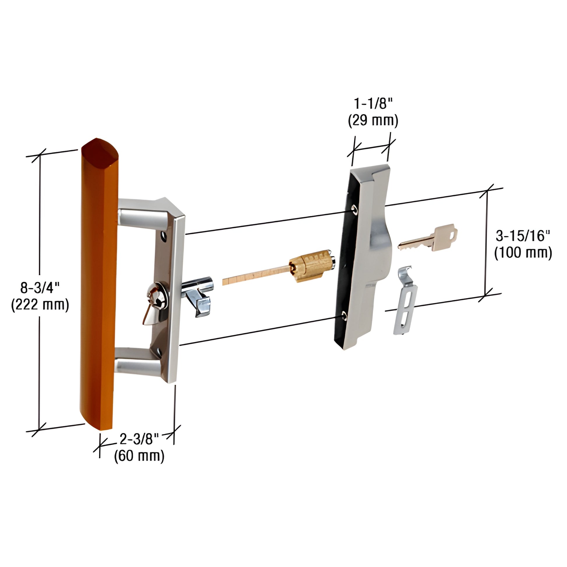 Sliding glass door internal lock handle SKU C1064 - diecast aluminum body with wood pull, reversible keyed lock for 1" rails.