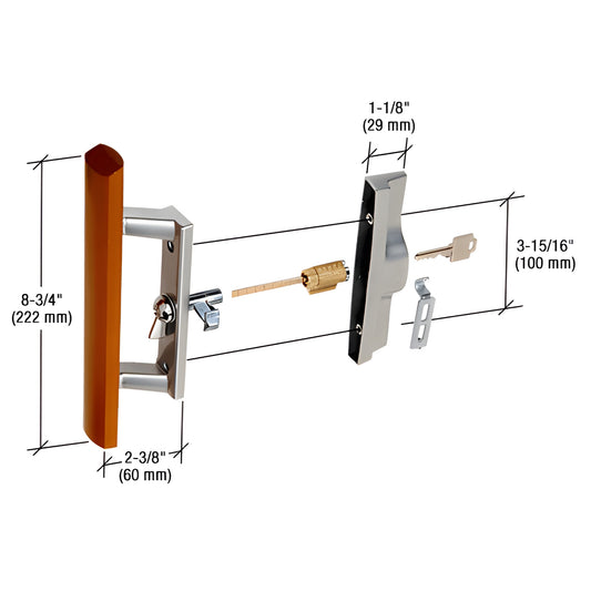 Sliding glass door internal lock handle SKU C1064 - diecast aluminum body with wood pull, reversible keyed lock for 1" rails.