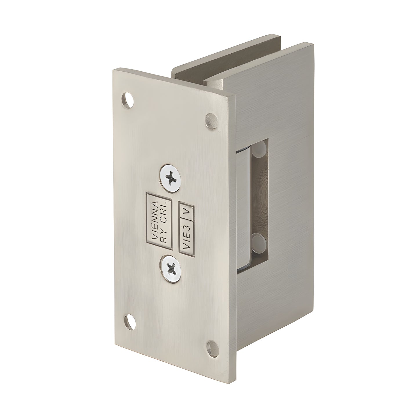 Brushed nickel Vienna solid brass shower door hinge for 3/8-1/2 in. glass, wall mount full back plate (SKU V1E037BN)