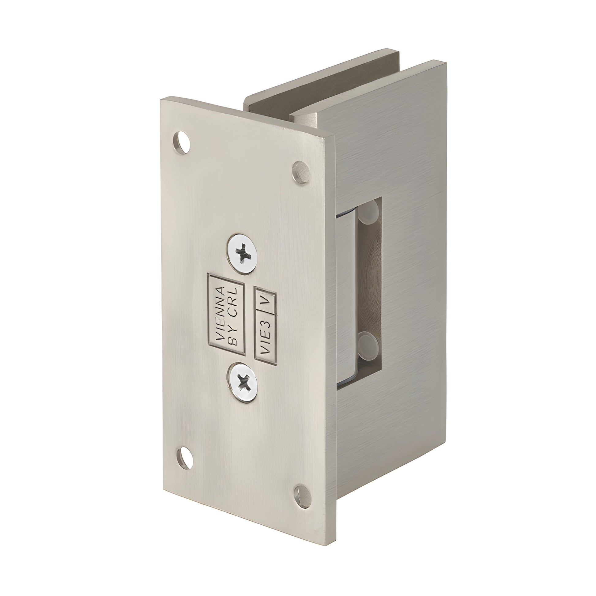 Brushed nickel Vienna solid brass shower door hinge for 3/8-1/2 in. glass, wall mount full back plate (SKU V1E037BN)