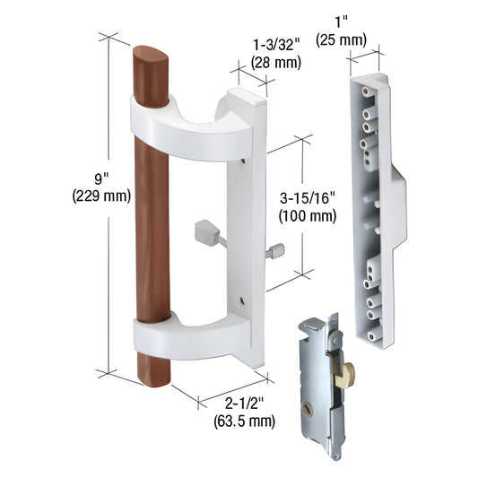 White mortise sliding glass door handle with 9" wood grip, 3 15/16" mounting centers, includes E2014 latch - SKU C1219