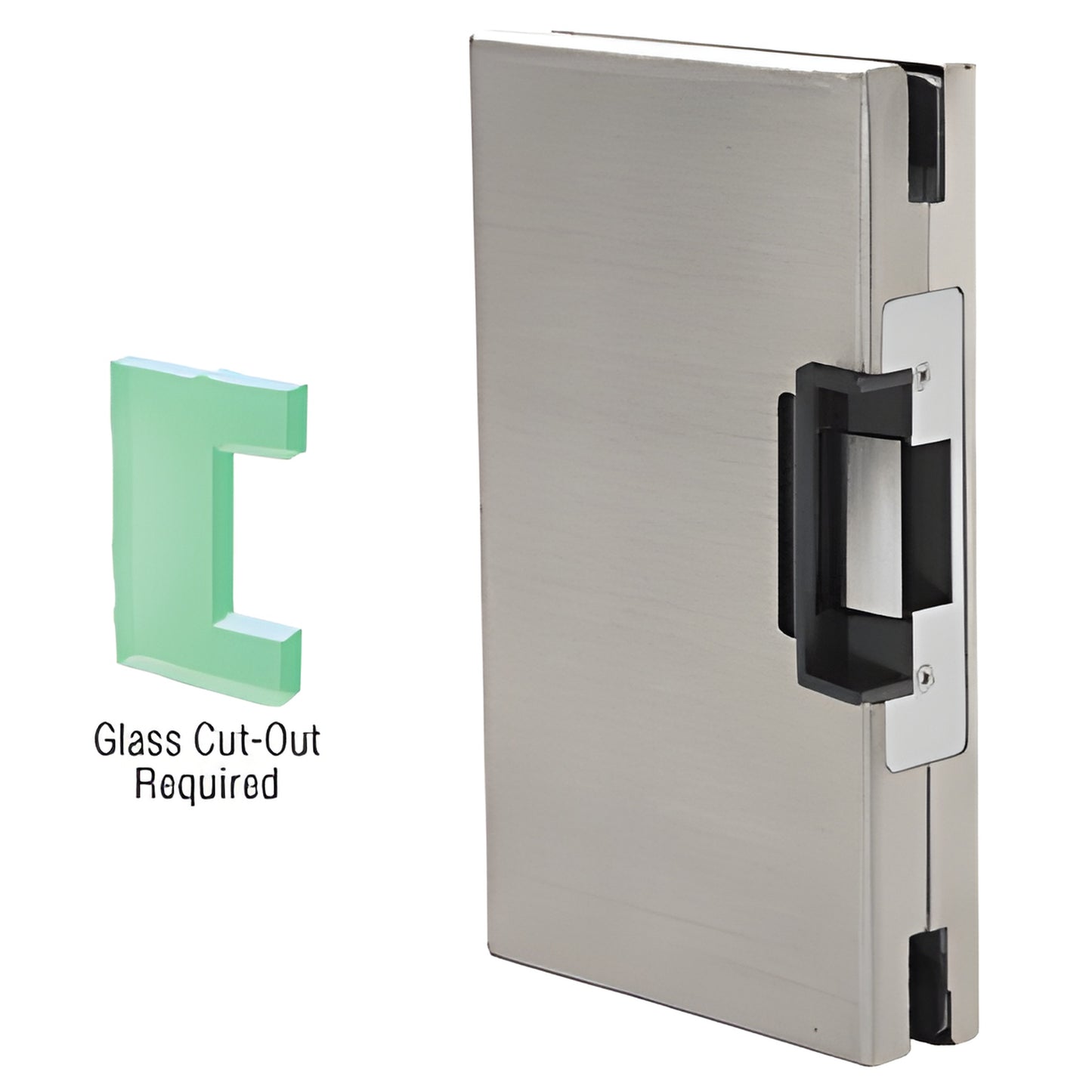 DLEL610BS brushed stainless steel 6x10 center-lock glass keeper for 1/2" (12mm) tempered glass, 24V DC compatible.