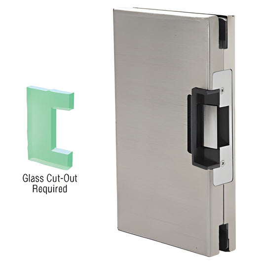 DLEL610BS brushed stainless steel 6x10 center-lock glass keeper for 1/2" (12mm) tempered glass, 24V DC compatible.