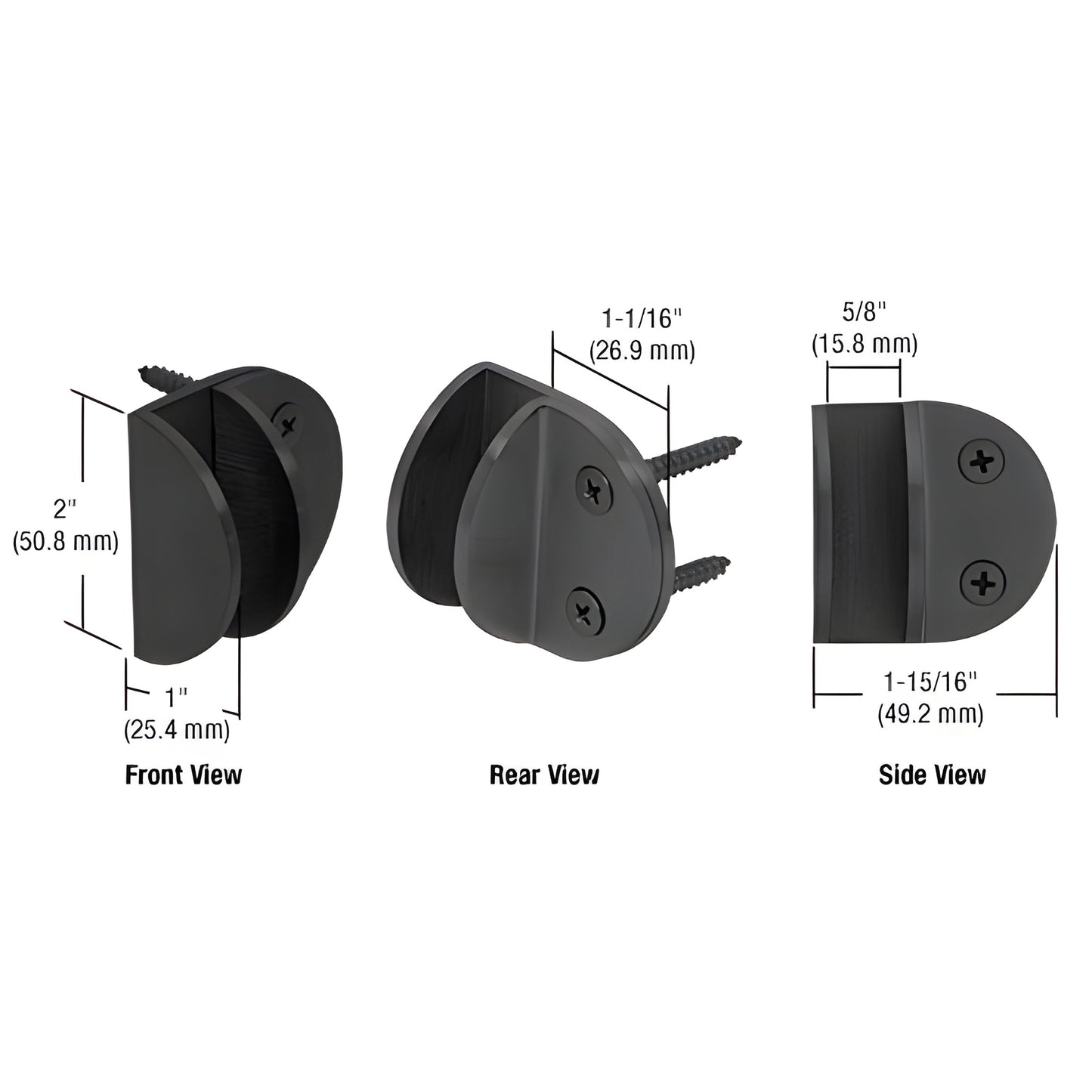 Matte black wall clamp MFCW14MBL for 3/8-1/2 tempered glass, shown front/rear/side views with mounting screws