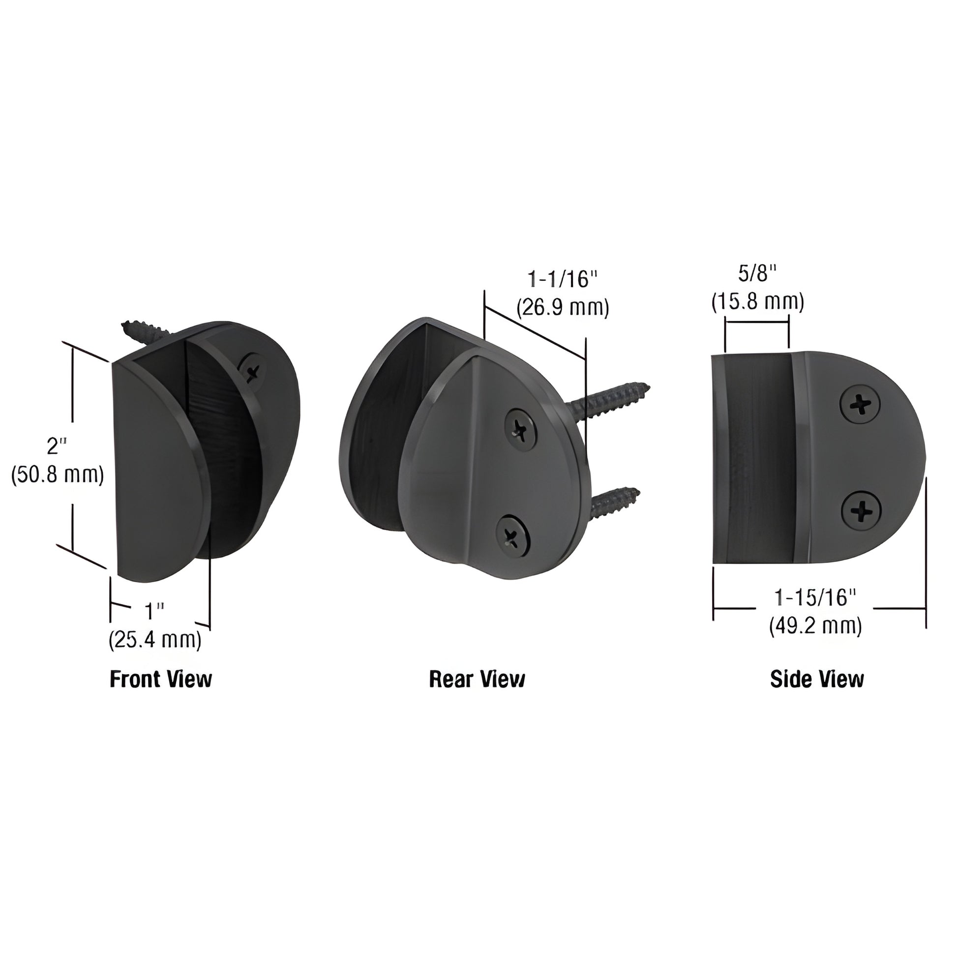 Matte black wall clamp MFCW14MBL for 3/8-1/2 tempered glass, shown front/rear/side views with mounting screws