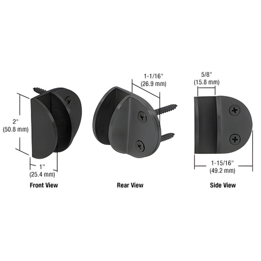 Matte black wall clamp MFCW14MBL for 3/8-1/2 tempered glass, shown front/rear/side views with mounting screws