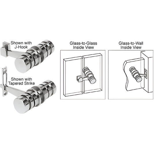LAT001CH polished chrome solid brass 180 knob latch for frameless glass doors, J hook or tapered strike, fits 8-12mm glass.