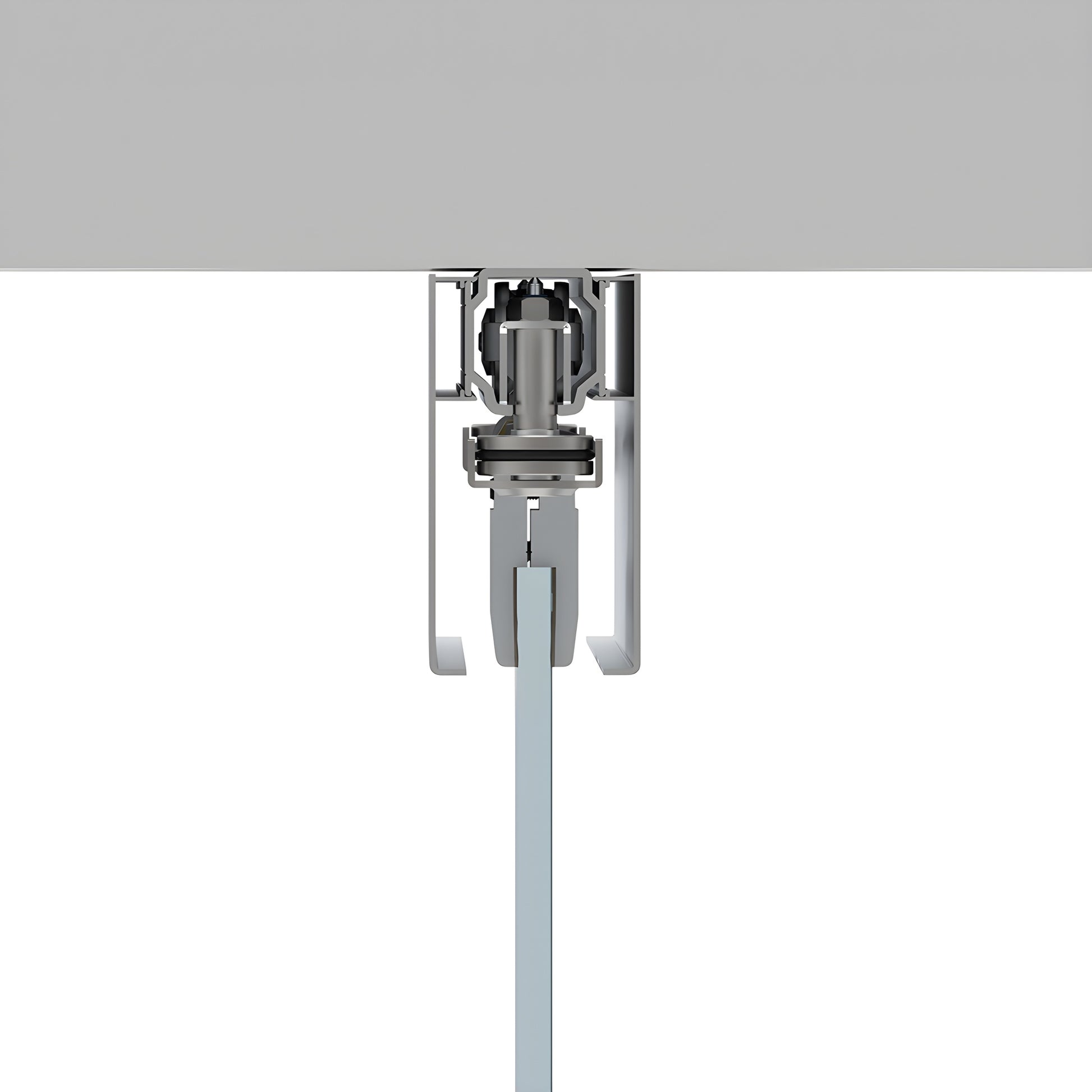 CRL70CS2 ceiling-mounted satin anodized top-hung bi-parting pocket slider for tempered glass panels.