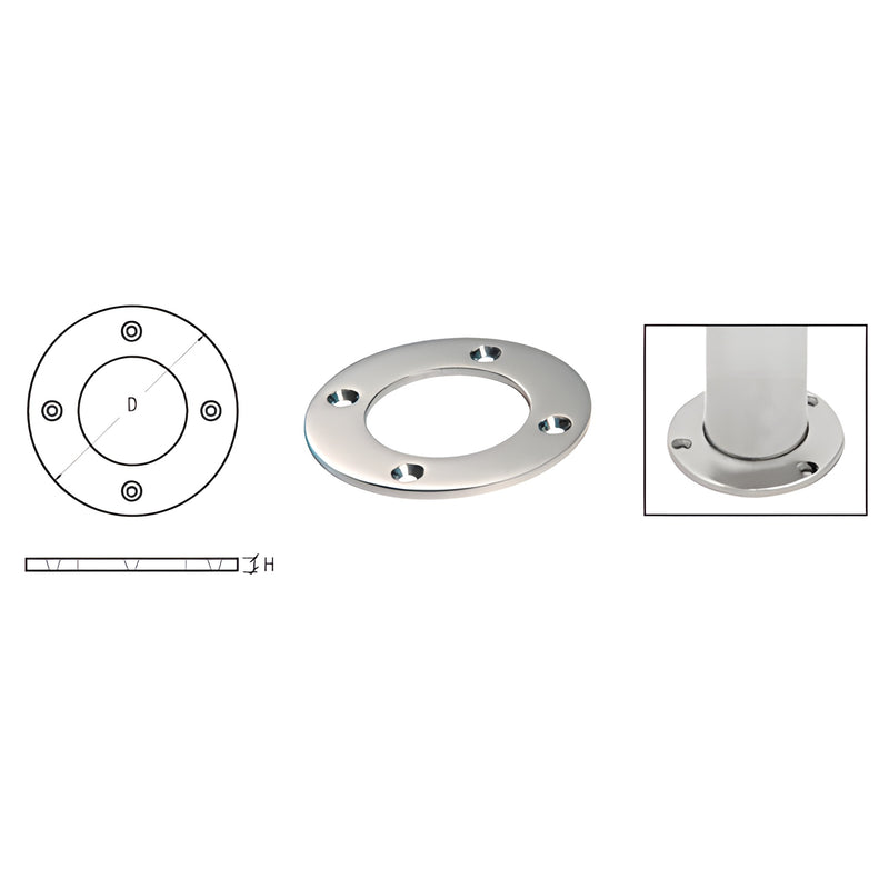 Polished stainless steel round base plate SKU SA25PS for 1-1/2" and 2" tubing; 4 countersunk holes, weld/braze mount.