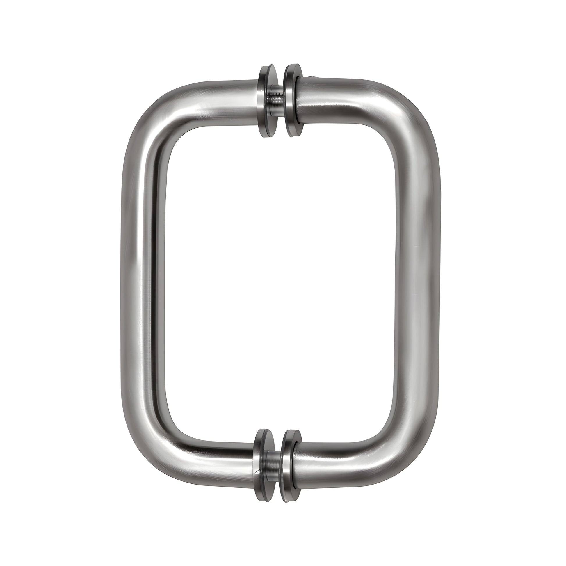 BM6X6BS back-to-back brushed stainless steel tubular glass door pull handle, 3/4" dia, 6" center with decorative washers.