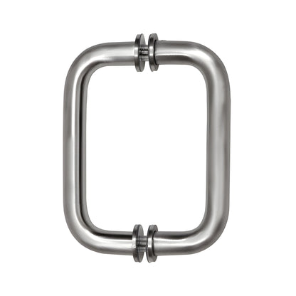 BM6X6BS back-to-back brushed stainless steel tubular glass door pull handle, 3/4" dia, 6" center with decorative washers.