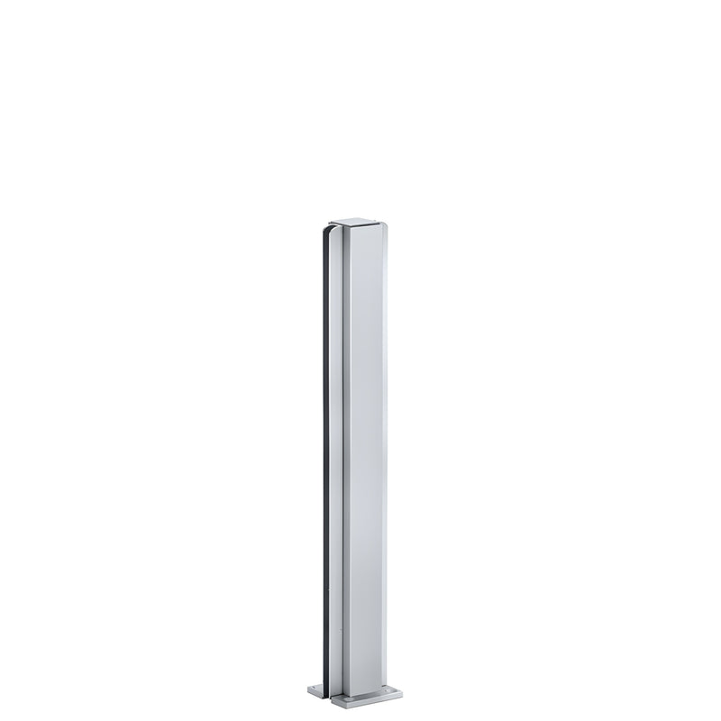 Satin anodized aluminum square partition post with U channel for 1/4" glass and base plate. SKU D990A16C
