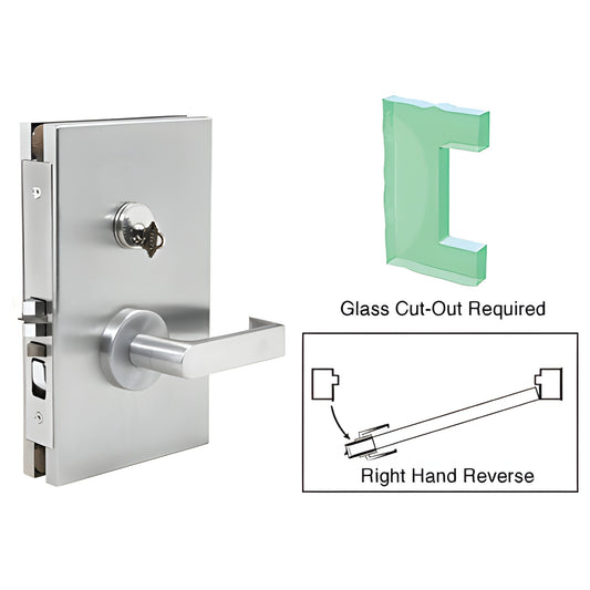 DL611R0SC satin-anodized 6x10 center lock deadlatch for 1/2" tempered glass, lever handle and key.
