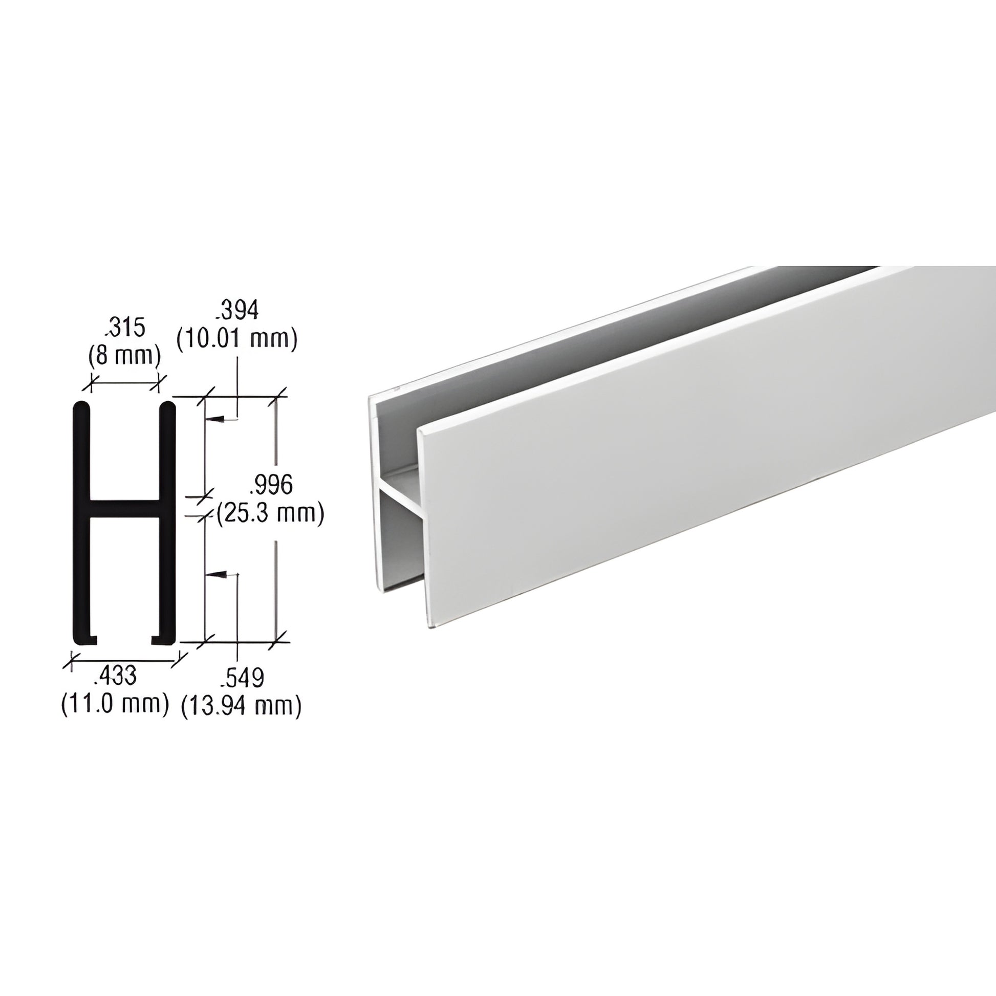 D610A satin anodized aluminum H-bar for 5-6 mm (3/16-1/4") glass, 144 in. track with profile dimensions shown.