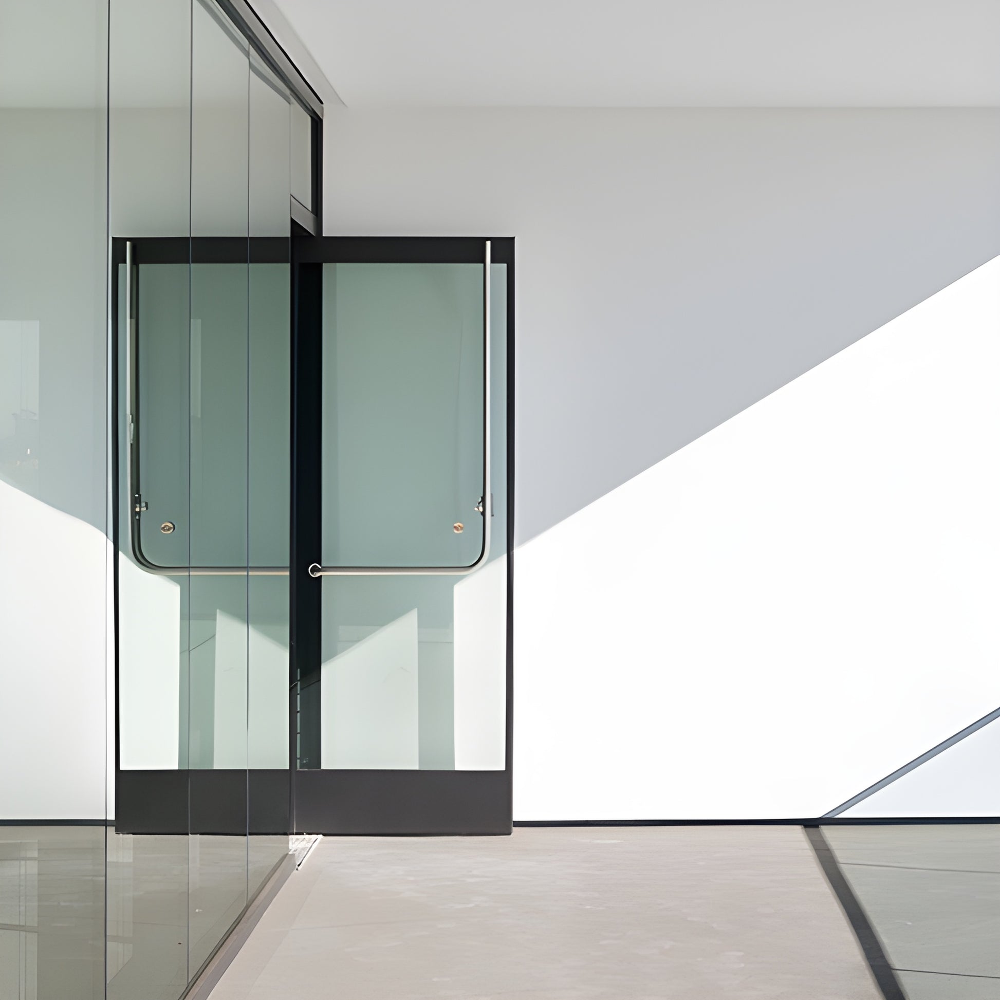 ENT100 Entice commercial all-glass entrance door with ultra-narrow black frame, 1 IG, through-glass panic bar.