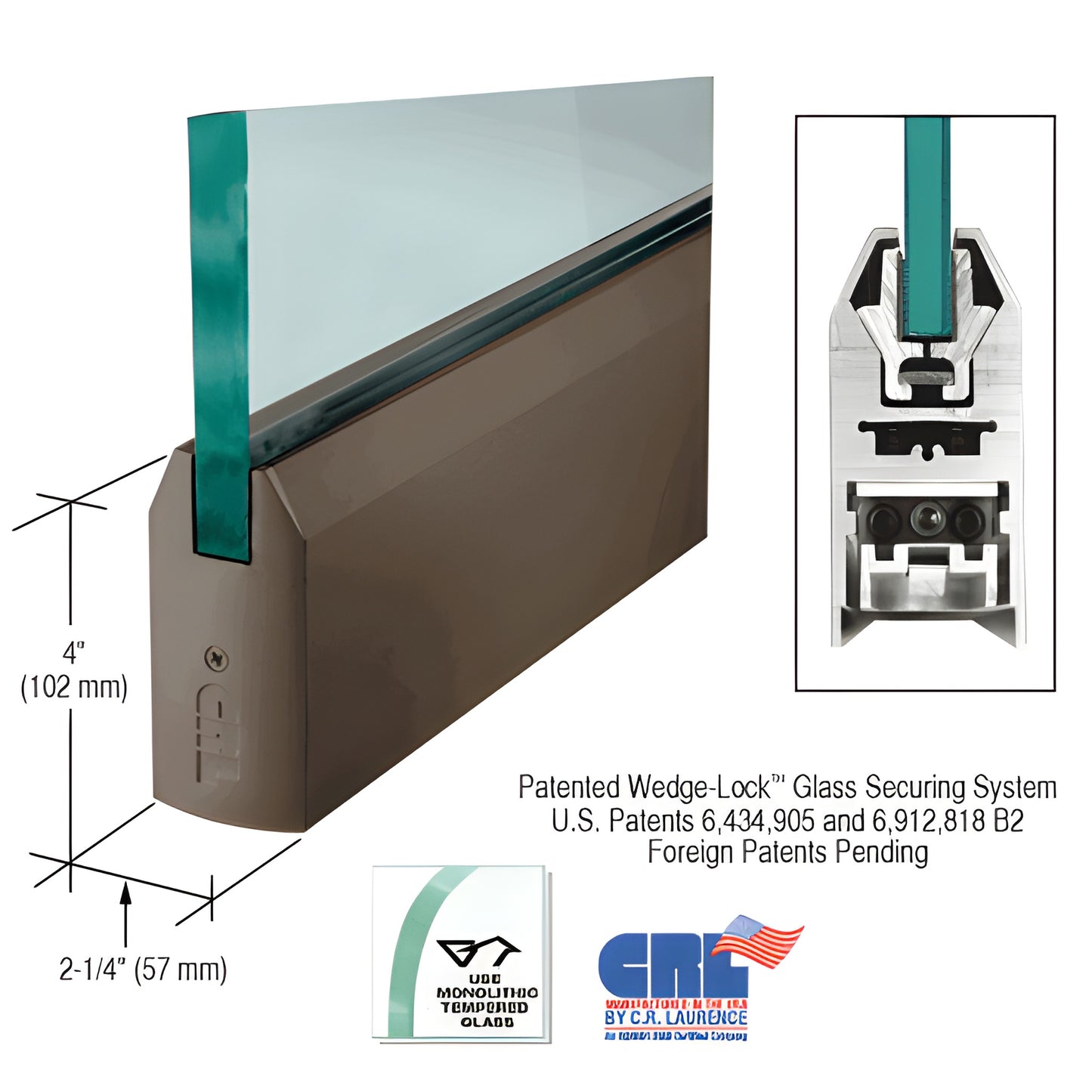 CRL Wedge-Lock 353 4" tapered aluminum door rail, black bronze anodized, for 3/4" tempered glass - SKU DR4TDU34S