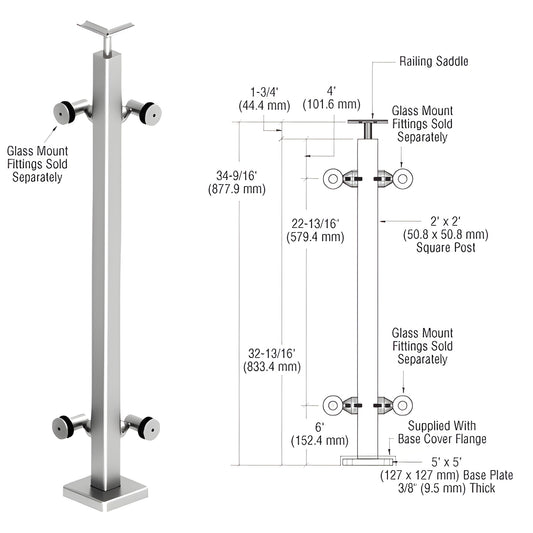 P136LPS stainless steel surface-mounted 2" square post railing kit with 5" 5" base plate, top saddle and glass mount location