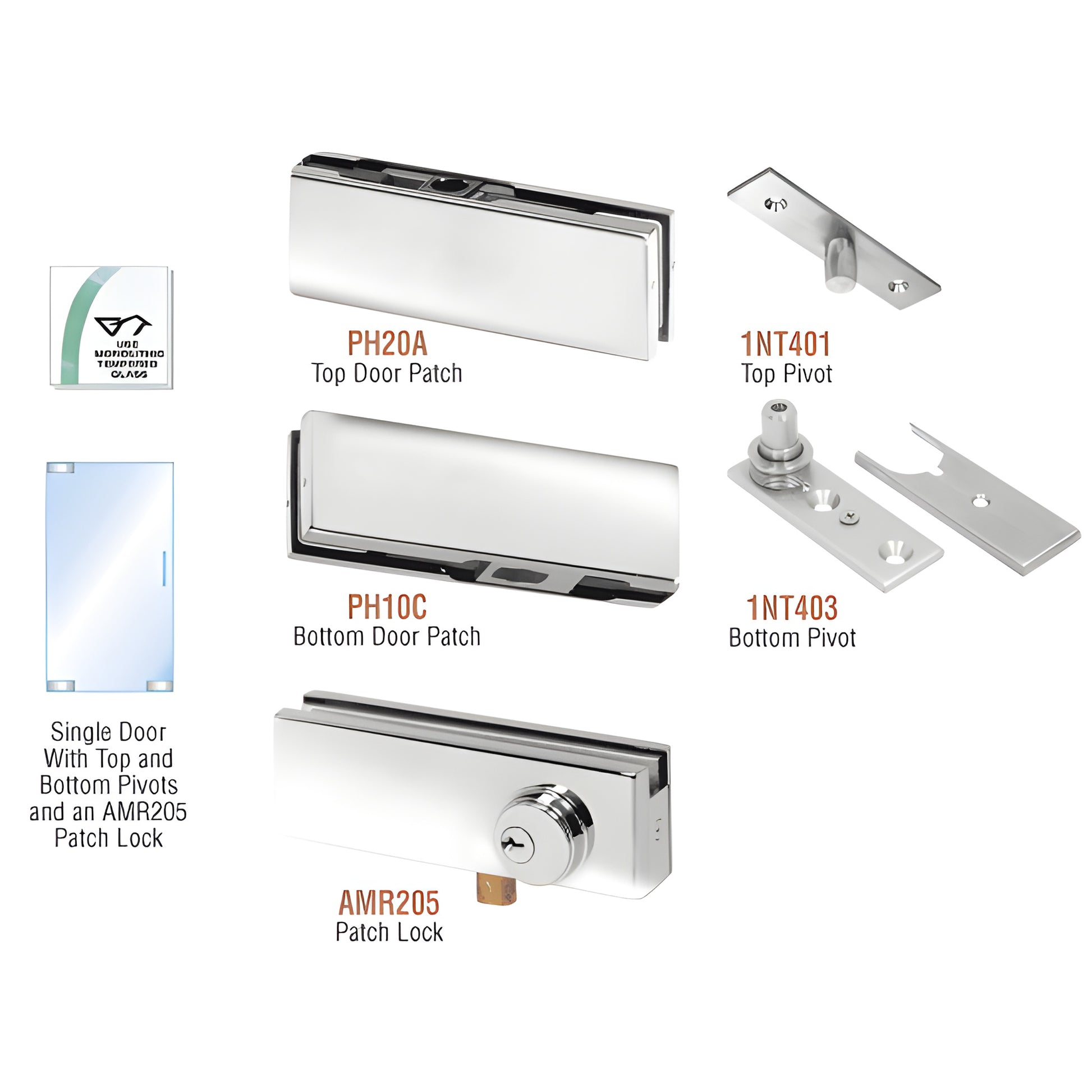 PHA1LPS stainless steel frameless glass door patch kit with top/bottom patches, pivots and optional AMR205 lock