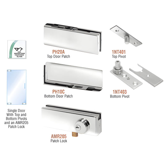 PHA1LPS stainless steel frameless glass door patch kit with top/bottom patches, pivots and optional AMR205 lock