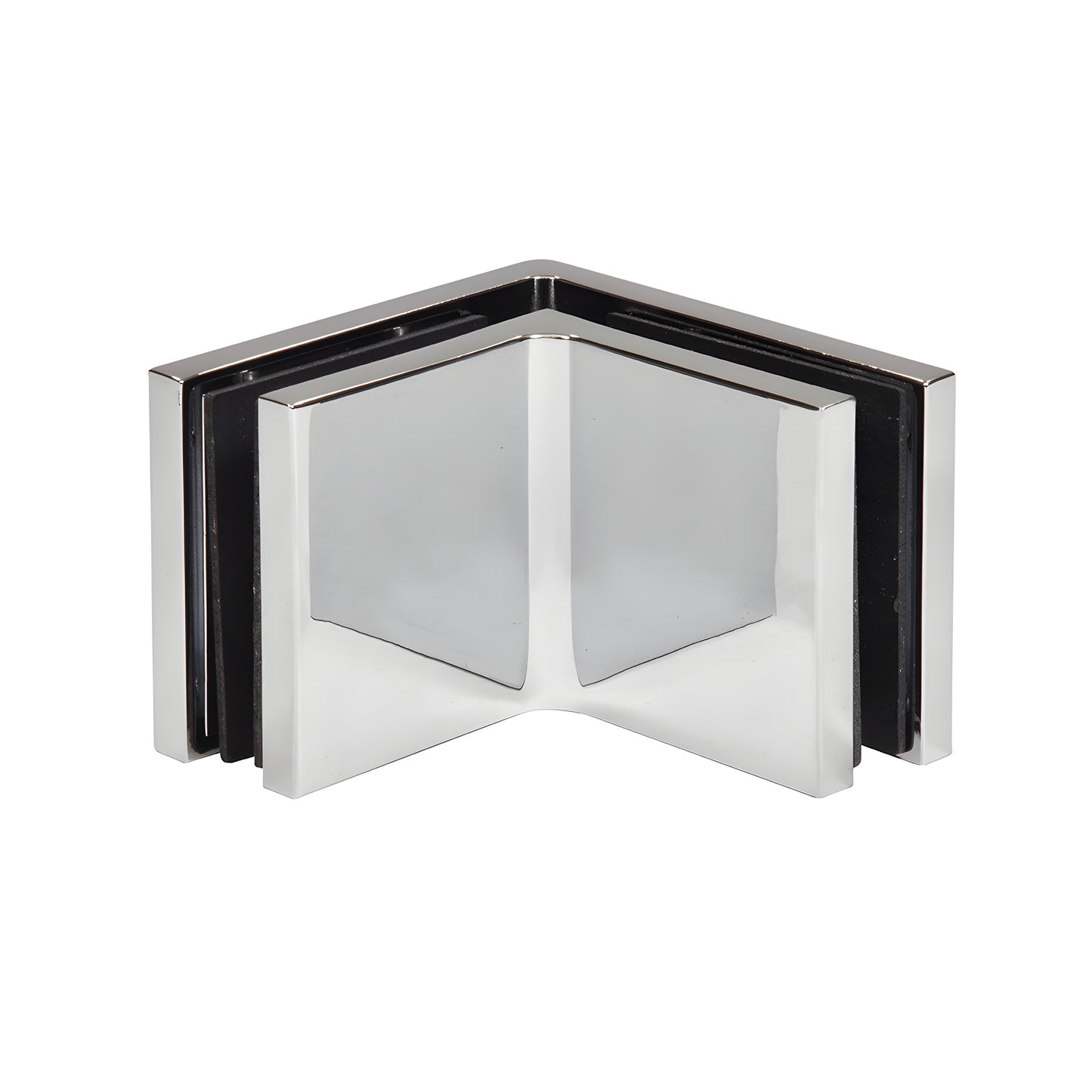Polished chrome 90 glass clamp (SKU: CCS90CH) for 10-12mm frameless shower panels, hidden snap cover