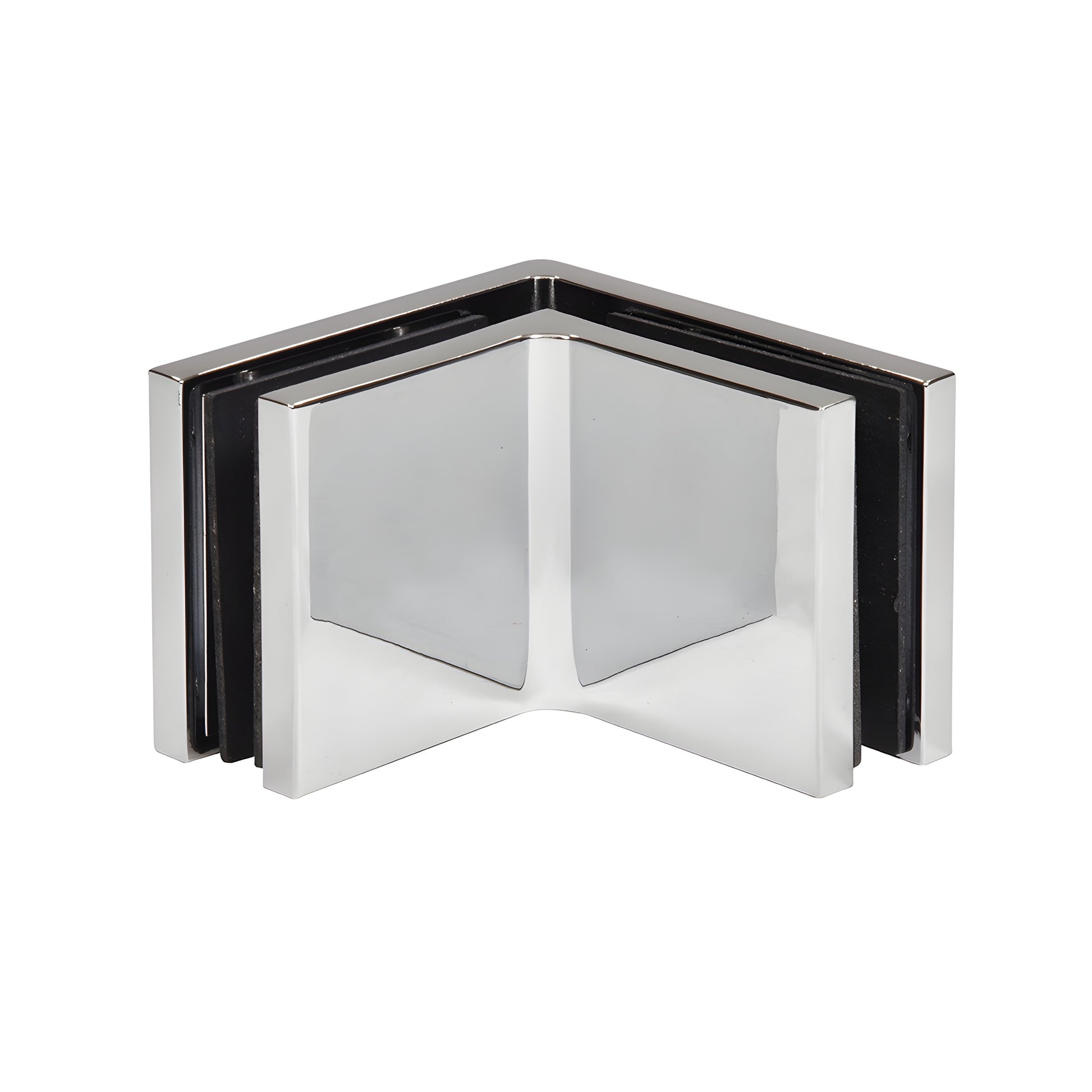 Polished chrome 90 glass clamp (SKU: CCS90CH) for 10-12mm frameless shower panels, hidden snap cover